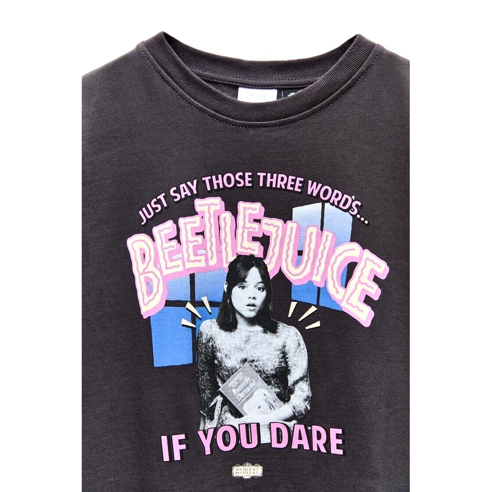 ZARA Kids Beetlejuice Shirt 8/9 NWT Charcoal Gray Lydia Graphic Long Sleeve‎